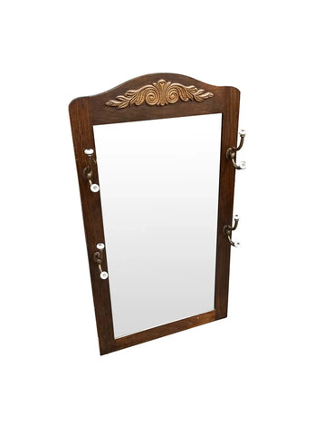 1970s Mid-Century Wooden Wall Mirror With Brass and Porcelain Coat Hooks