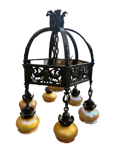 Vintage Heavy Brass Detailed Chandelier With Stained Glass Accents