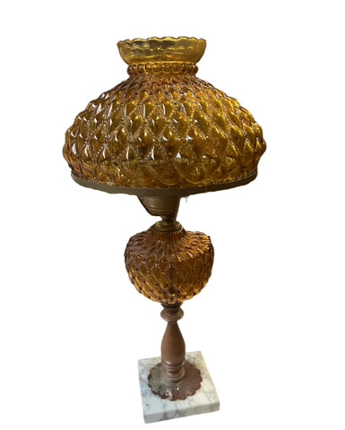 Fenton Amber Glass Hurricane Lamp on Marble Square Base