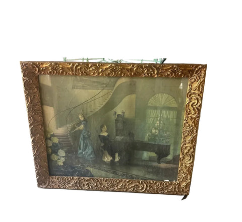 Gold Framed Vintage Print of Women and Piano
