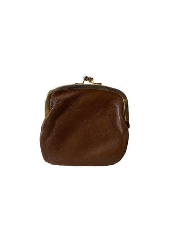 Small Brown Leather Kiss Lock Clutch