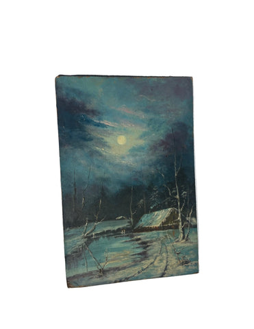 Winter Night and Cabin Painting on Canvas