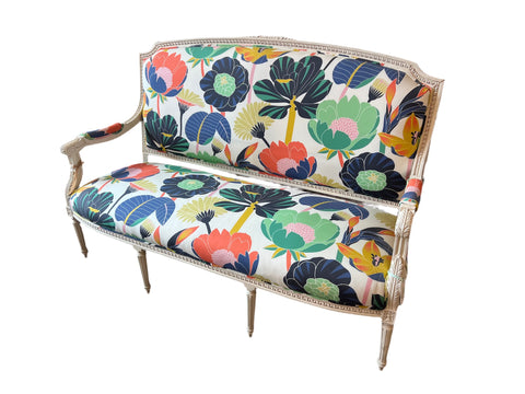 Vintage Boho Floral Colorful Settee With White Wooden Base
