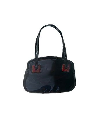 Small Black Leather Bag With Brown Square Details