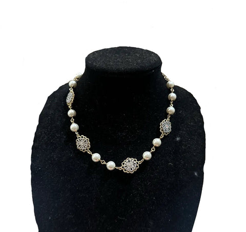 Vintage Mixed Metal Flower Charm and Pearl Necklace