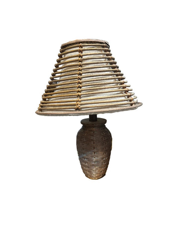 Vintage Brown Urn Style Table Lamp with Wicker Shade- Slight Condition Issues