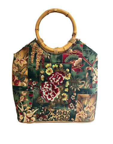 80s Vintage Floral Purse With Bamboo Handles