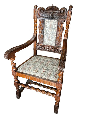 1970s English Style Carved Wooden Barley Twist Accent Chair