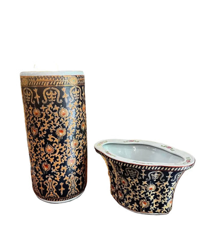 Pair of Asian Inspired Peacock Design Umbrella Stand and Vase