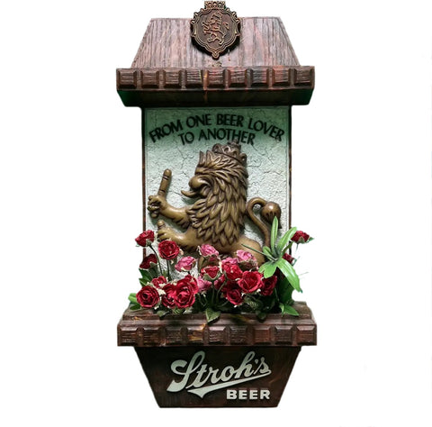 Wooden Carved Stroh's Beer Decorative Wall Hanging With Faux Red Roses