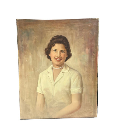Vintage Portrait Painting of a Woman on Canvas, Signed by the Artist