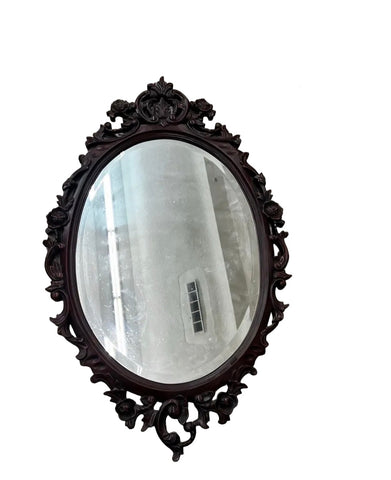 Vintage Hand Carved Wooden Oval Wall Mirror