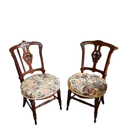 Antique Pair of Wooden Carved Accent Chairs With Central Medallion Detail