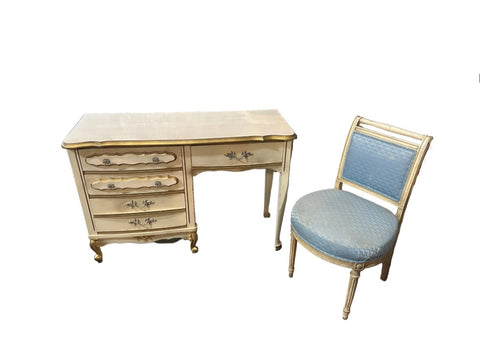 Vintage Regency White Wooden Desk With Gold Accents and Matching Chair- Needs Reupholstery