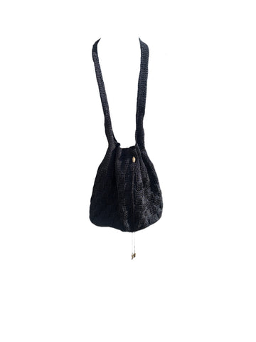Black Cinched Bag With Decorative Beads