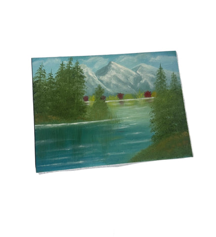 Riverside and Mountains Landscape Painting With Colorful Bushes on Canvas