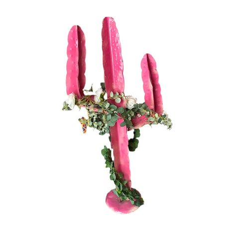 Handmade Metal Painted Hot Pink Cactus Statue (Greenery Is Optional)