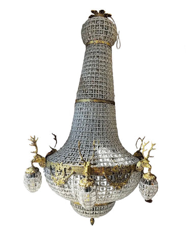 Vintage Extra Large Gold and Crystal Deer Head 18-Light Chandelier