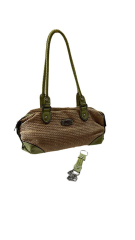 Boho Tan Straw Rosetti Shoulder Bag With Lime Green Accents