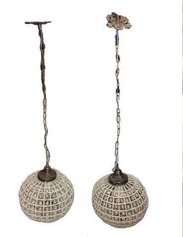Pair of Round Hollywood Regency Crystal and Bronze Pendant Chandeliers