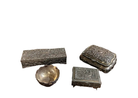 Vintage Collection of Small Silver Jewelry Boxes With Velvet Lining and Catchall- Set of 4