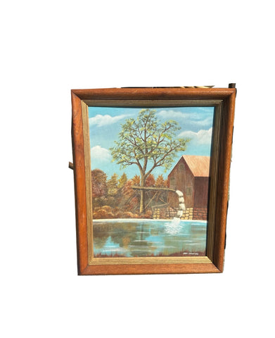 Watermill and House Waterside Landscape Painting, Signed by the Artist, Framed