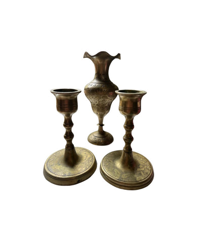 Brass Trio of Desk Accessories Candleholders and Vase