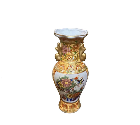 Small Vintage Asian Style Ceramic Orange and White Vase With Gold Details