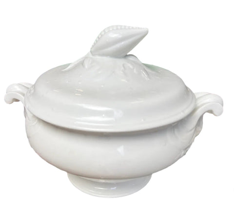 Large White Ceramic Serving Bowl With Matching Lid in a Nautical Style