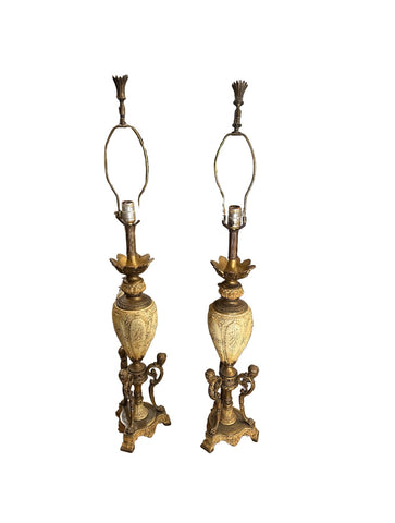 Pair of Mid-Century Modern Brass and Off-White Lamps with Bust Accents
