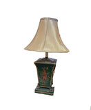 Vintage Asian Green Metal Lamp with Red Figure Accents- Condition Issues