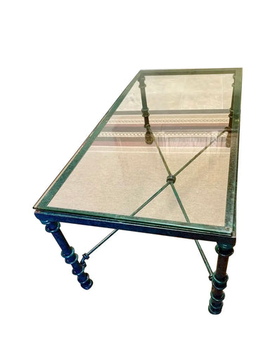 Brutalist Faux Verdigri Green Metal Glass Coffee Table