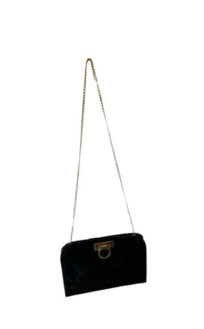 Vintage Black Salvatore Ferragamo Shiny Black Crossbody Purse With Gold Details