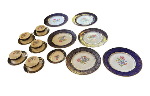 22 Kt Filigree Deep Blue Plate Set With Floral Accents- Set of 17