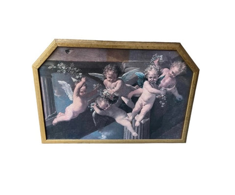 Vintage Cherub Painting in Gold Geometric Frame