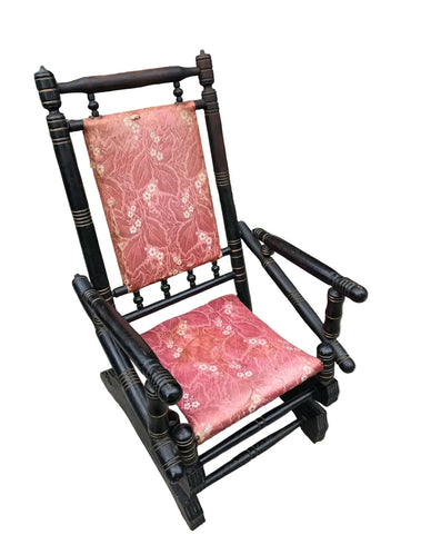 1800s Spool Wooden Rocking Chair With Red Cushions