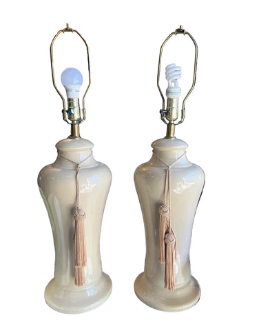 Pair of Ceramic Table Lamps With Light Pink Tassels