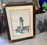 1970s Signed Lighthouse Lithograph in Frame With Brass Corners, New York