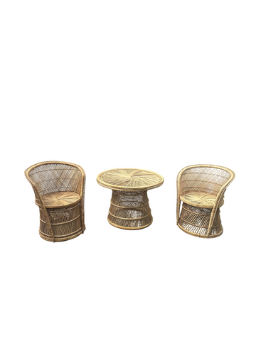Rattan Wicker Collection Pair of Chairs and Matching Table White Glove Trio