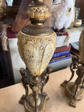 Pair of Mid-Century Modern Brass and Off-White Lamps with Bust Accents