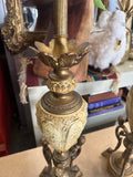 Pair of Mid-Century Modern Brass and Off-White Lamps with Bust Accents
