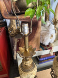 Pair of Mid-Century Modern Brass and Off-White Lamps with Bust Accents