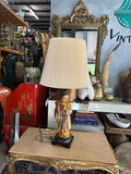 1970s Wooden Hand Carved Figurative Large Lamp with Shade