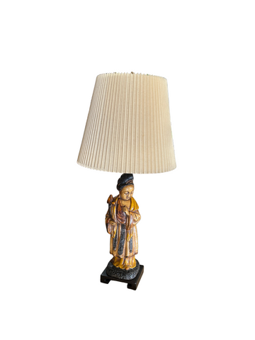 1970s Wooden Hand Carved Figurative Large Lamp with Shade