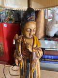 1970s Wooden Hand Carved Figurative Large Lamp with Shade