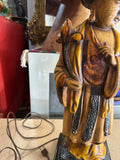 1970s Wooden Hand Carved Figurative Large Lamp with Shade