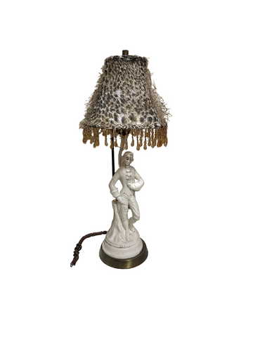 Vintage White Figurative Man Lamp with Leopard Print Lampshade