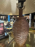 Vintage Brown Urn Style Table Lamp with Wicker Shade- Slight Condition Issues
