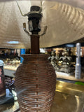 Vintage Brown Urn Style Table Lamp with Wicker Shade- Slight Condition Issues