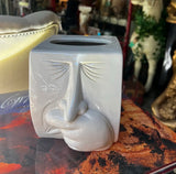 White Ceramic Vintage Tissue Box Cover With Sneezing Face Design